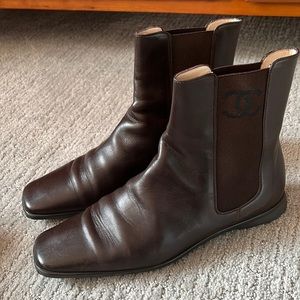 CHANEL Dark Brown Leather Boots, Size 38.5
